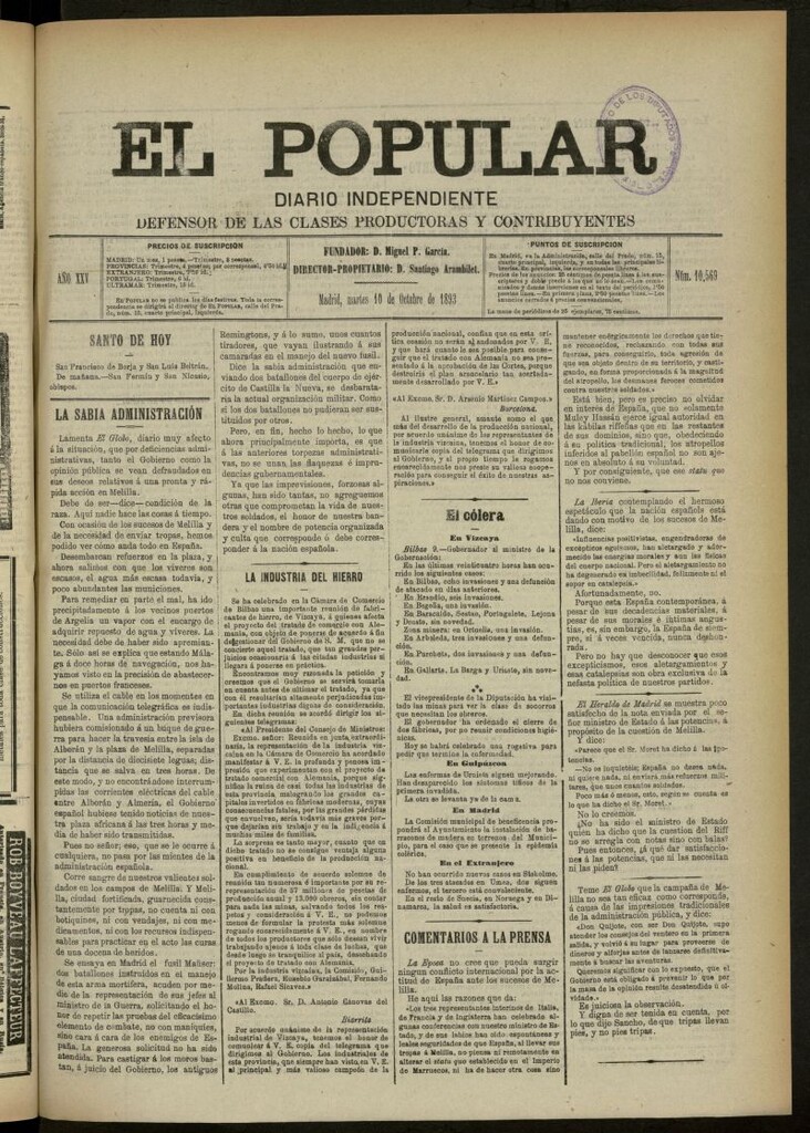 Miniatura de El Popular: diario independiente, político, literario y de noticias de interés general del 10 de octubre de 1893, nº 10569