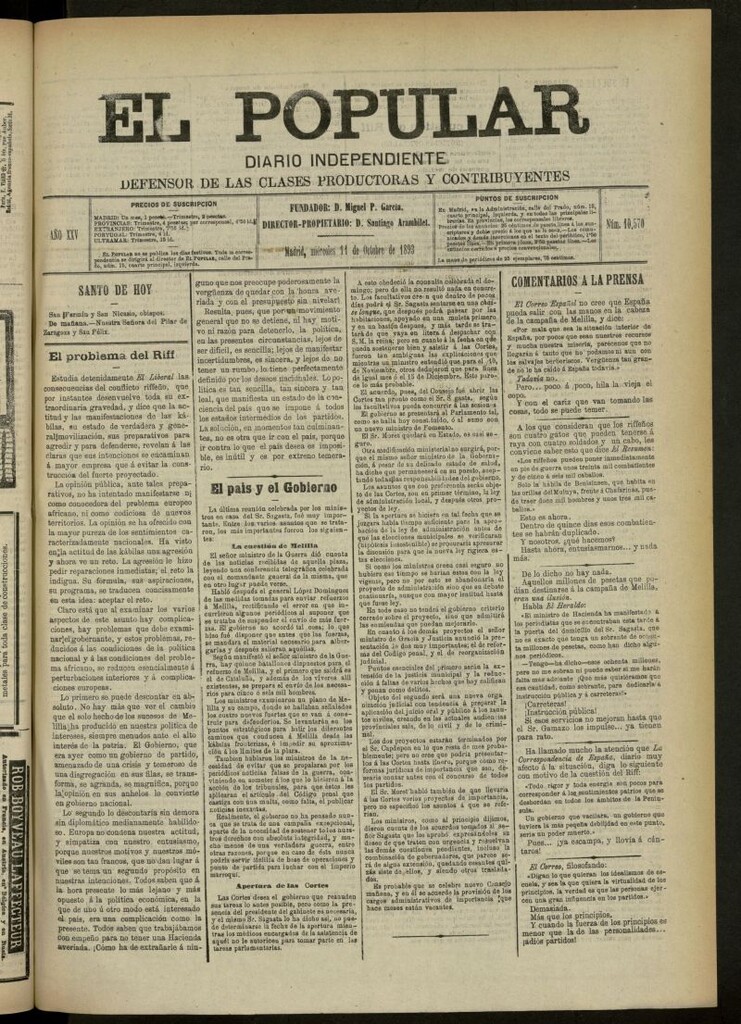 Miniatura de El Popular: diario independiente, político, literario y de noticias de interés general del 11 de octubre de 1893, nº 10570