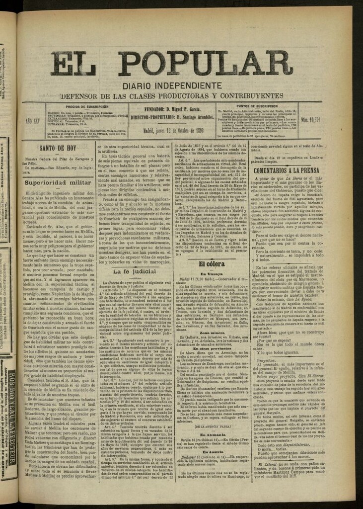 Miniatura de El Popular: diario independiente, político, literario y de noticias de interés general del 12 de octubre de 1893, nº 10571
