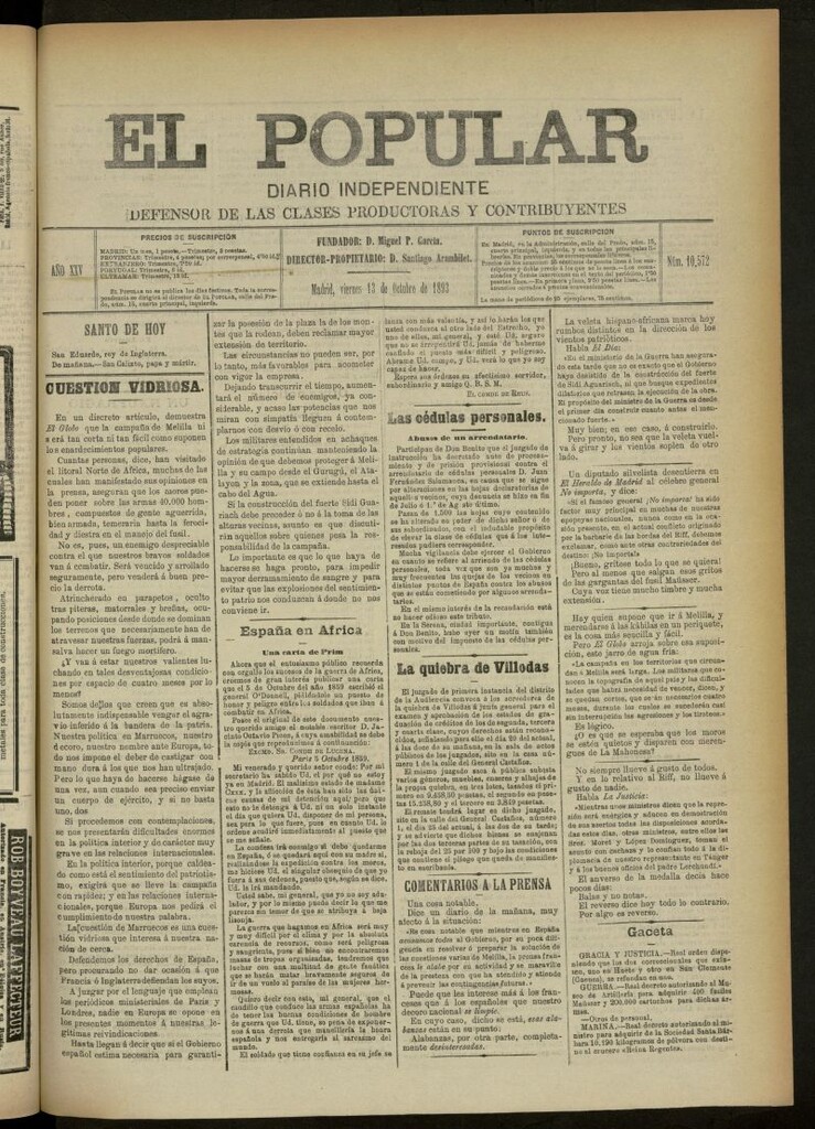 Miniatura de El Popular: diario independiente, político, literario y de noticias de interés general del 13 de octubre de 1893, nº 10572