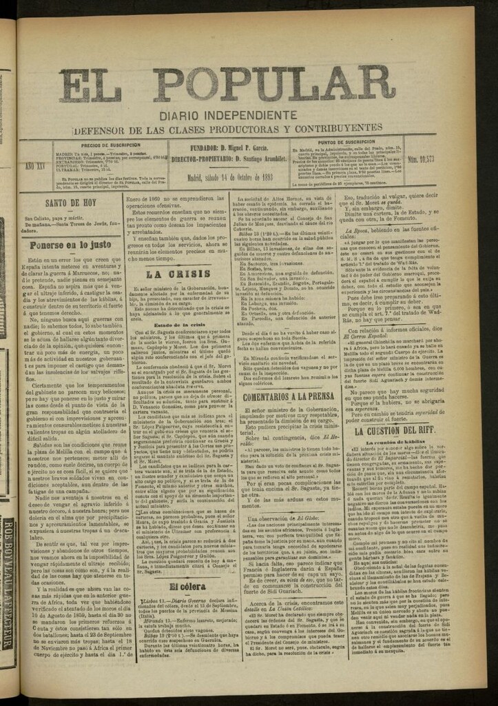 Miniatura de El Popular: diario independiente, político, literario y de noticias de interés general del 14 de octubre de 1893, nº 10573