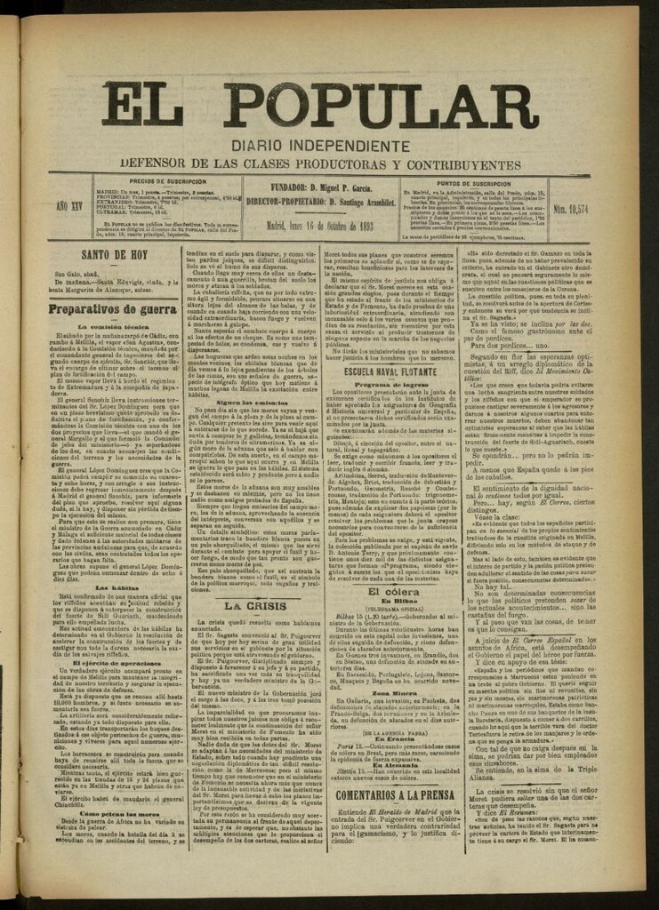 Miniatura de El Popular: diario independiente, político, literario y de noticias de interés general del 16 de octubre de 1893, nº 10574