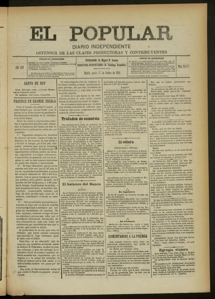Miniatura de El Popular: diario independiente, político, literario y de noticias de interés general del 17 de octubre de 1893, nº 10575