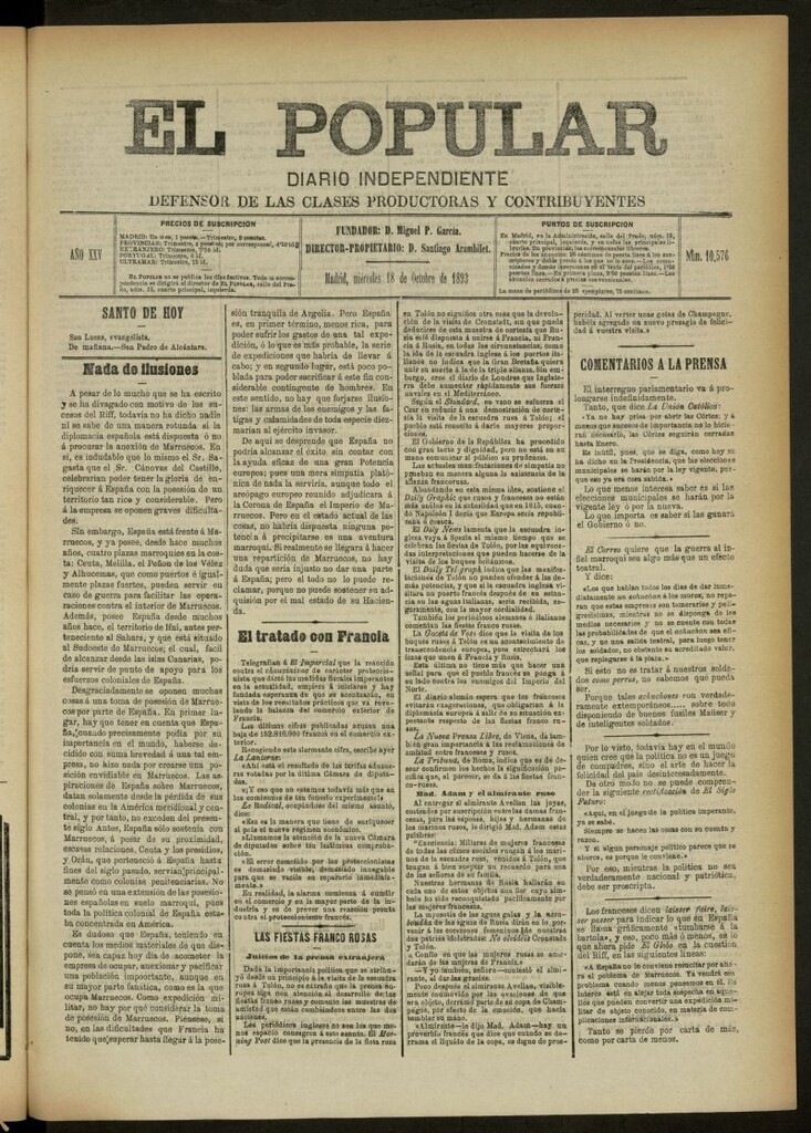 Miniatura de El Popular: diario independiente, político, literario y de noticias de interés general del 18 de octubre de 1893, nº 10576