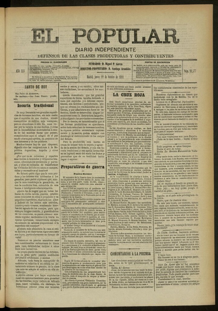 Miniatura de El Popular: diario independiente, político, literario y de noticias de interés general del 19 de octubre de 1893, nº 10577