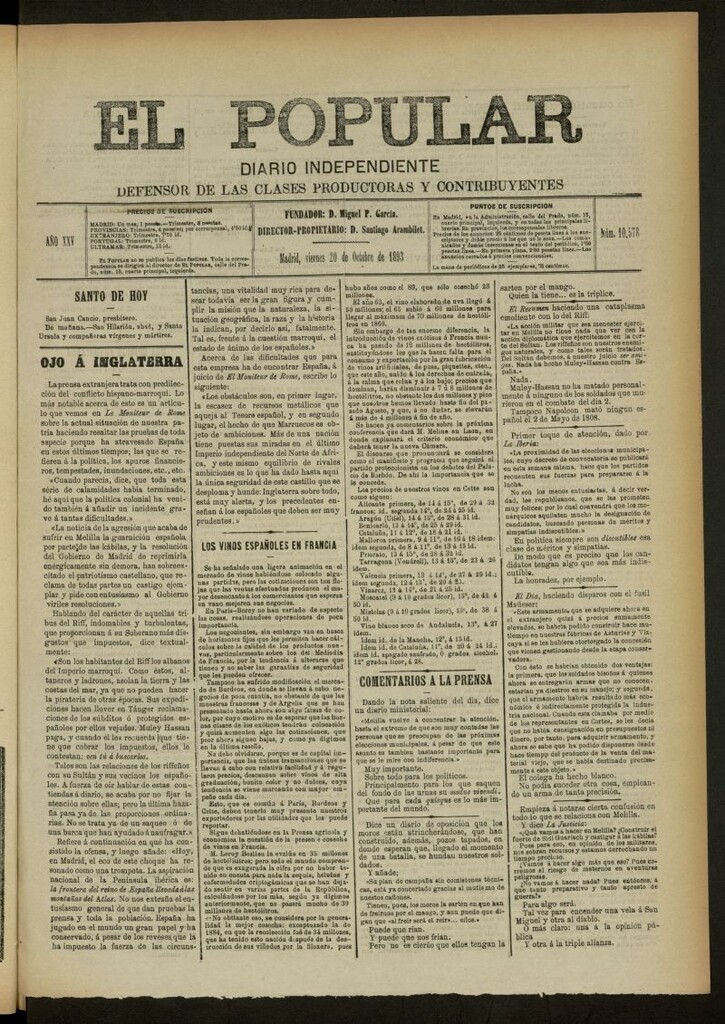 Miniatura de El Popular: diario independiente, político, literario y de noticias de interés general del 20 de octubre de 1893, nº 10578