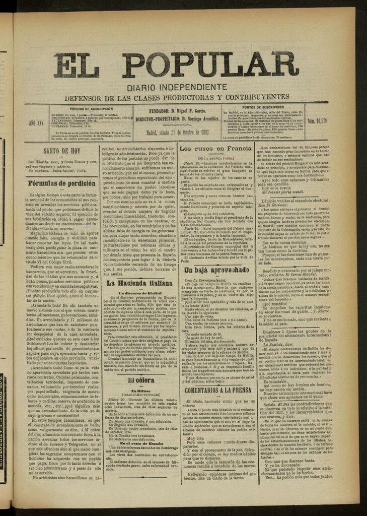 Miniatura de El Popular: diario independiente, político, literario y de noticias de interés general del 21 de octubre de 1893, nº 10579