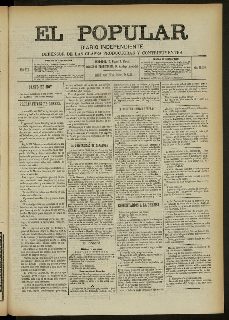 Miniatura de El Popular: diario independiente, político, literario y de noticias de interés general del 23 de octubre de 1893, nº 10580
