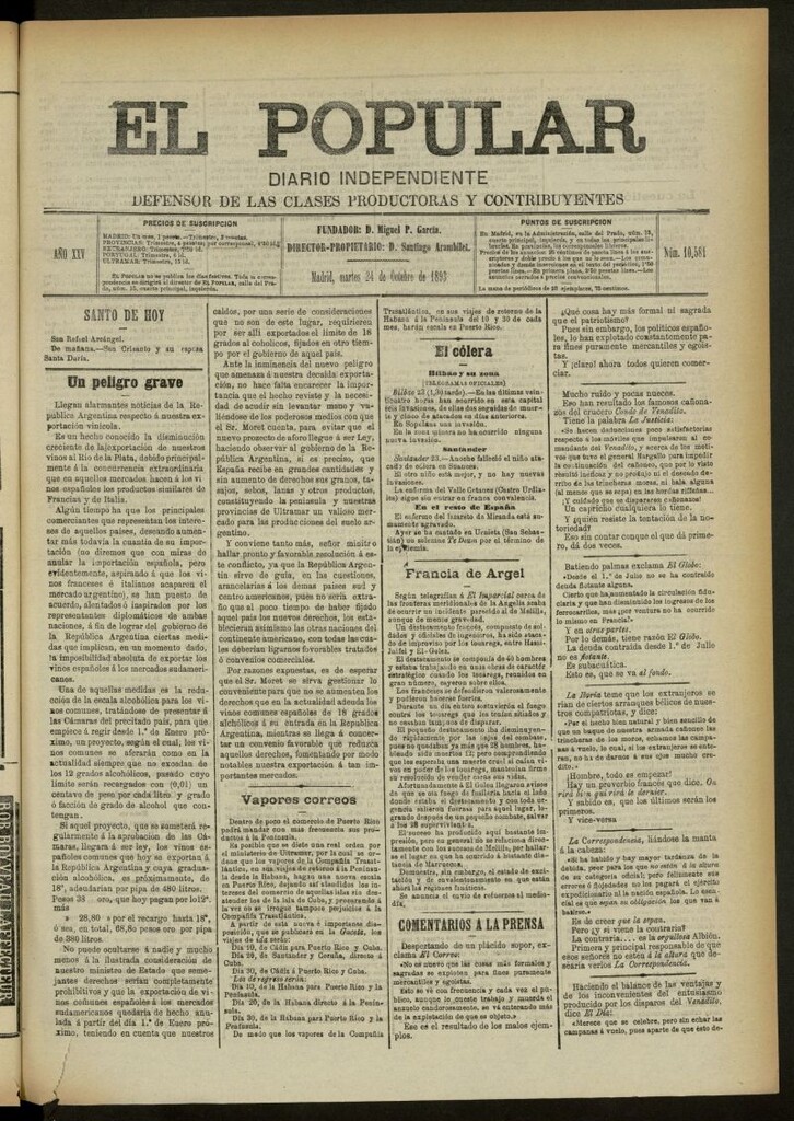 Miniatura de El Popular: diario independiente, político, literario y de noticias de interés general del 24 de octubre de 1893, nº 10581