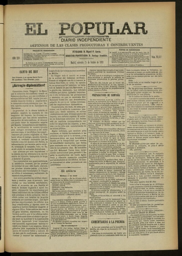 Miniatura de El Popular: diario independiente, político, literario y de noticias de interés general del 25 de octubre de 1893, nº 10582