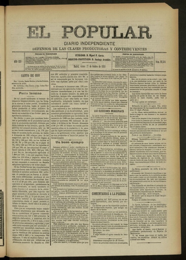 Miniatura de El Popular: diario independiente, político, literario y de noticias de interés general del 27 de octubre de 1893, nº 10584