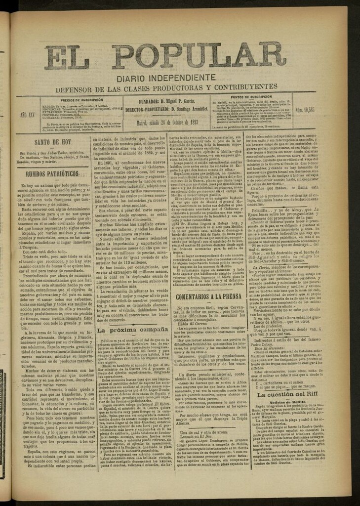 Miniatura de El Popular: diario independiente, político, literario y de noticias de interés general del 28 de octubre de 1893, nº 10585