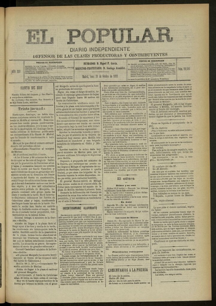 Miniatura de El Popular: diario independiente, político, literario y de noticias de interés general del 30 de octubre de 1893, nº 10586
