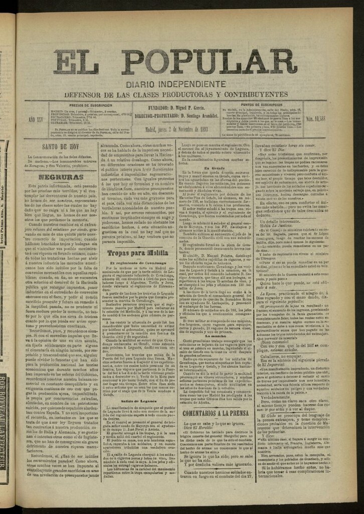 Miniatura de El Popular: diario independiente, político, literario y de noticias de interés general del 2 de noviembre de 1893, nº 10588