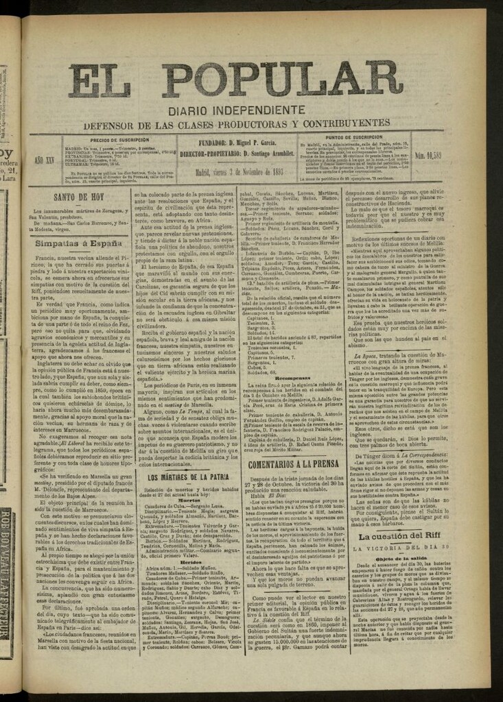 Miniatura de El Popular: diario independiente, político, literario y de noticias de interés general del 3 de noviembre de 1893, nº 10589