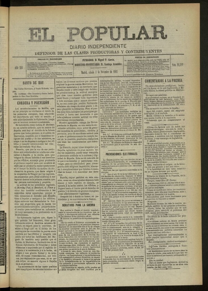 Miniatura de El Popular: diario independiente, político, literario y de noticias de interés general del 4 de noviembre de 1893, nº 10590