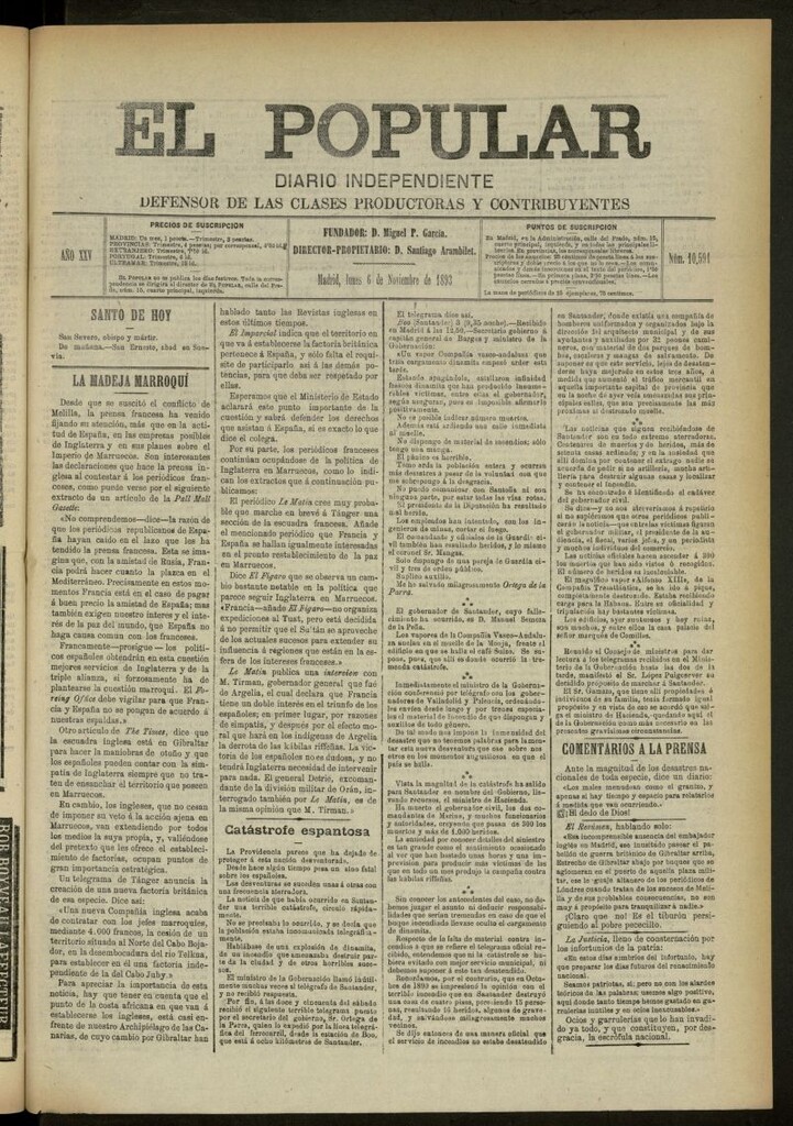 Miniatura de El Popular: diario independiente, político, literario y de noticias de interés general del 6 de noviembre de 1893, nº 10591