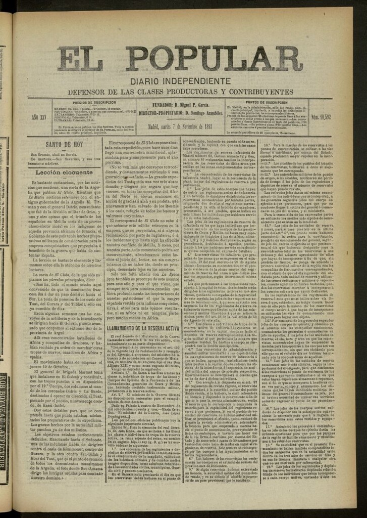 Miniatura de El Popular: diario independiente, político, literario y de noticias de interés general del 7 de noviembre de 1893, nº 10592