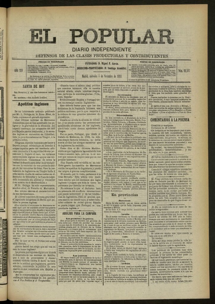 Miniatura de El Popular: diario independiente, político, literario y de noticias de interés general del 8 de noviembre de 1893, nº 10593