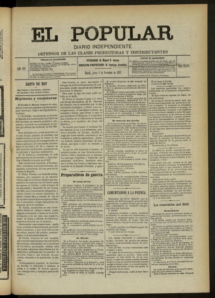 Miniatura de El Popular: diario independiente, político, literario y de noticias de interés general del 9 de noviembre de 1893, nº 10594