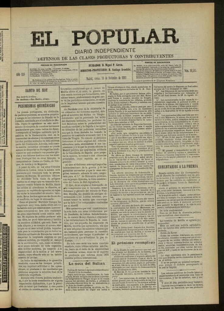 Miniatura de El Popular: diario independiente, político, literario y de noticias de interés general del 10 de noviembre de 1893, nº 10595