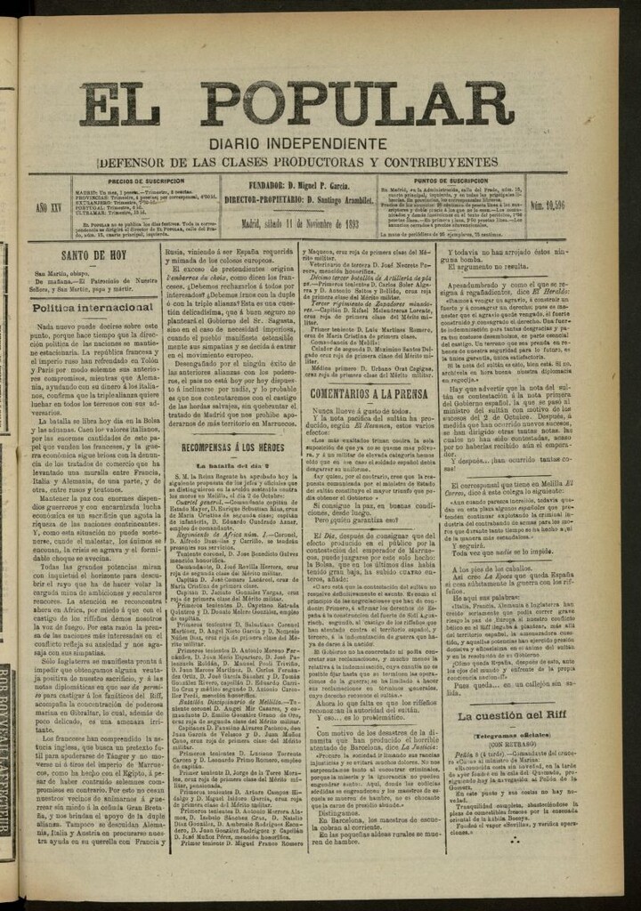 Miniatura de El Popular: diario independiente, político, literario y de noticias de interés general del 11 de noviembre de 1893, nº 10596