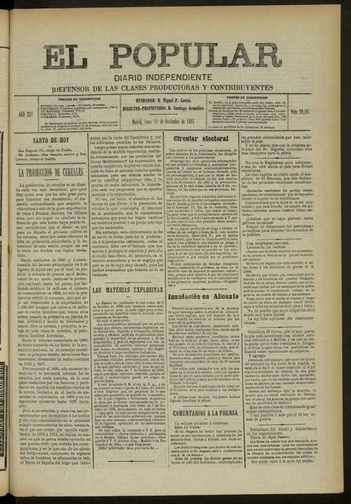 Miniatura de El Popular: diario independiente, político, literario y de noticias de interés general del 13 de noviembre de 1893, nº 10597