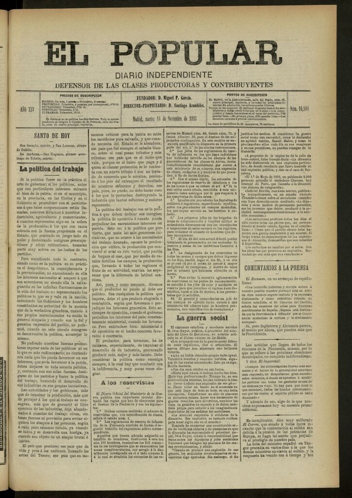 Miniatura de El Popular: diario independiente, político, literario y de noticias de interés general del 14 de noviembre de 1893, nº 10598