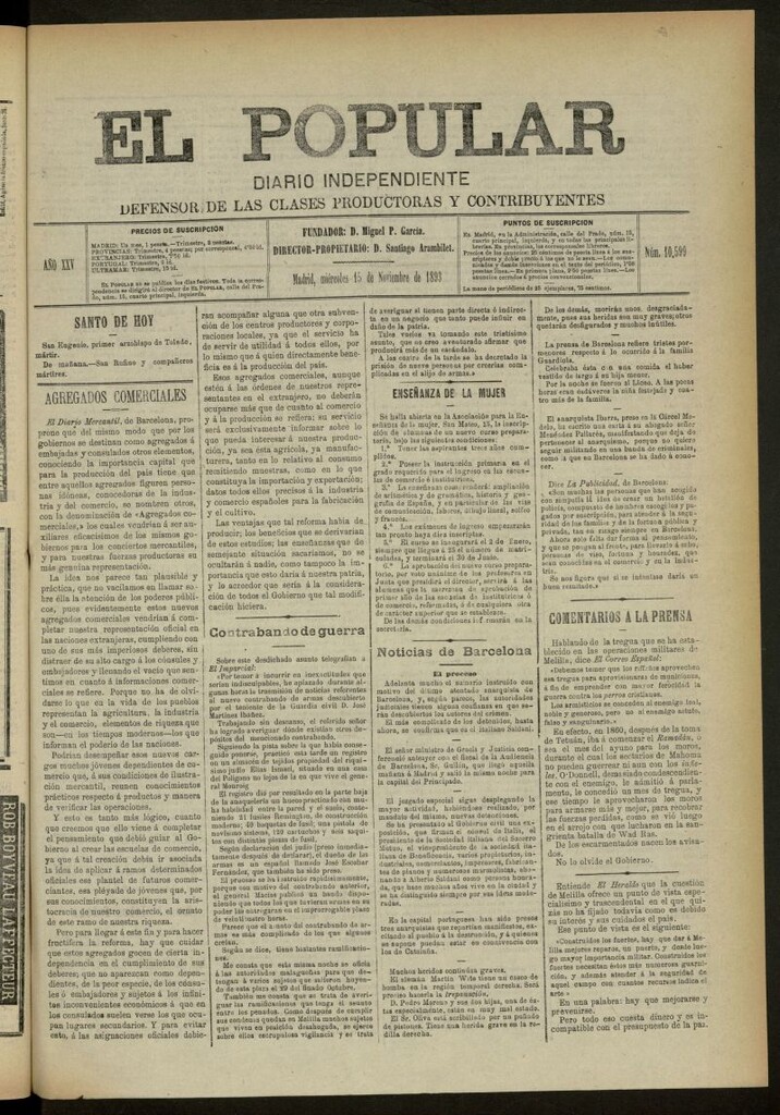 Miniatura de El Popular: diario independiente, político, literario y de noticias de interés general del 15 de noviembre de 1893, nº 10599