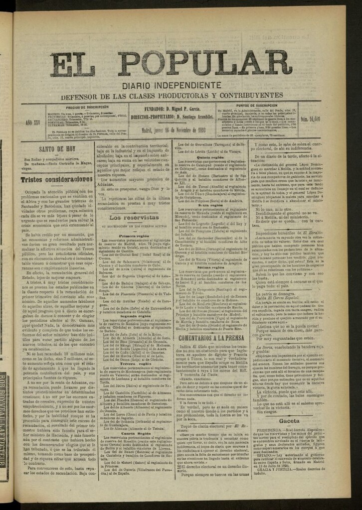 Miniatura de El Popular: diario independiente, político, literario y de noticias de interés general del 16 de noviembre de 1893, nº 10600