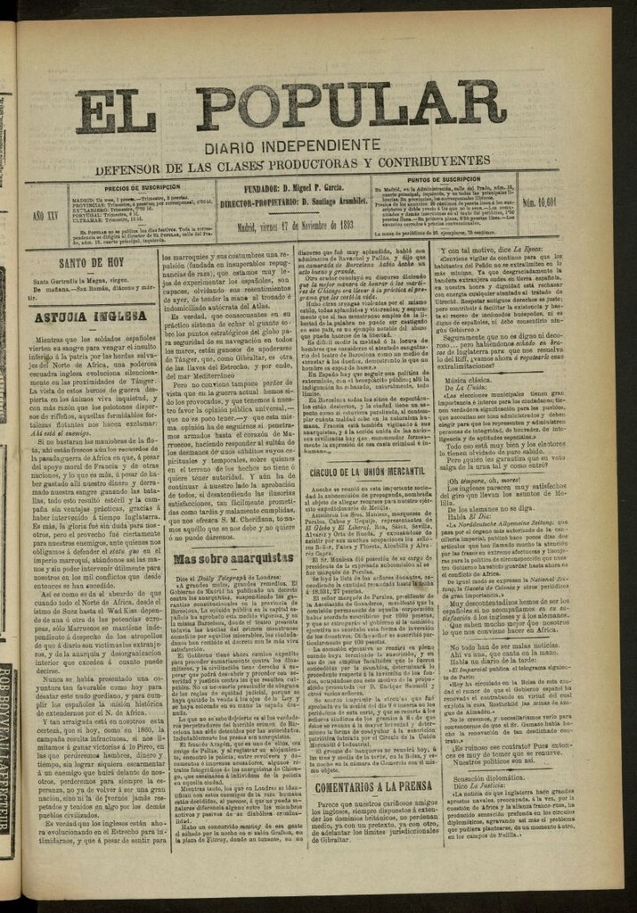 Miniatura de El Popular: diario independiente, político, literario y de noticias de interés general del 17 de noviembre de 1893, nº 10601