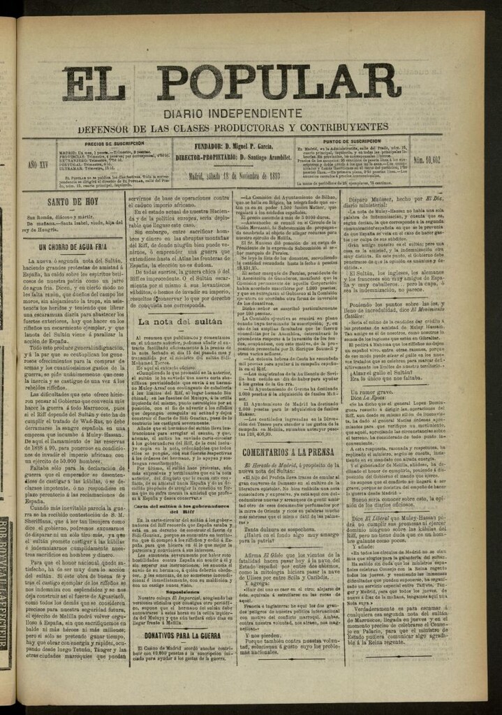 Miniatura de El Popular: diario independiente, político, literario y de noticias de interés general del 18 de noviembre de 1893, nº 10602