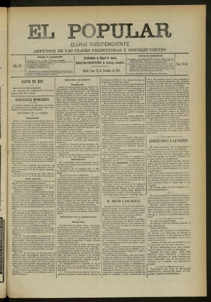 Miniatura de El Popular: diario independiente, político, literario y de noticias de interés general del 20 de noviembre de 1893, nº 10603