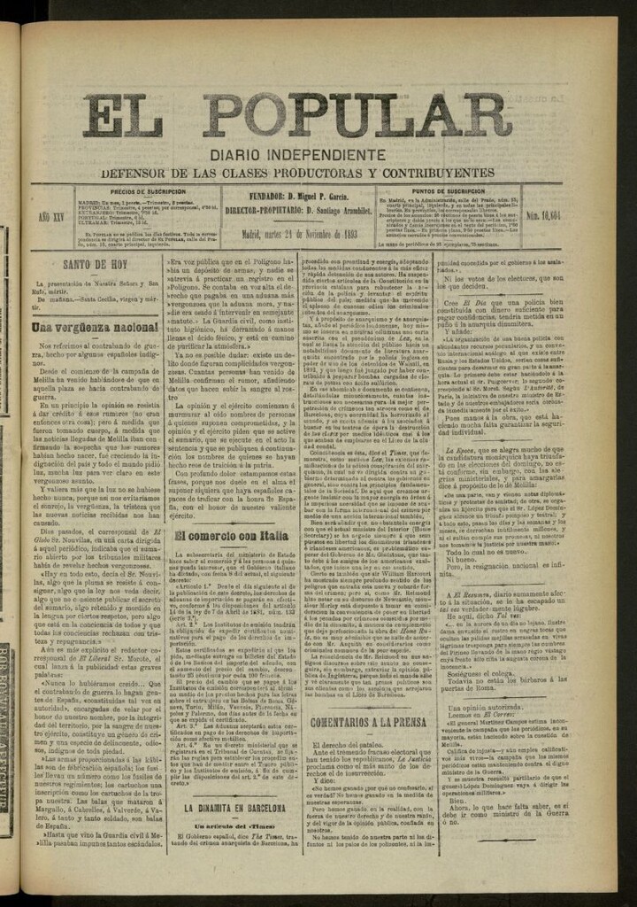 Miniatura de El Popular: diario independiente, político, literario y de noticias de interés general del 21 de noviembre de 1893, nº 10604