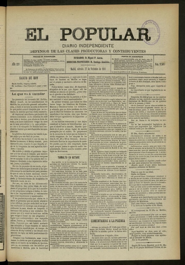 Miniatura de El Popular: diario independiente, político, literario y de noticias de interés general del 22 de noviembre de 1893, nº 10605