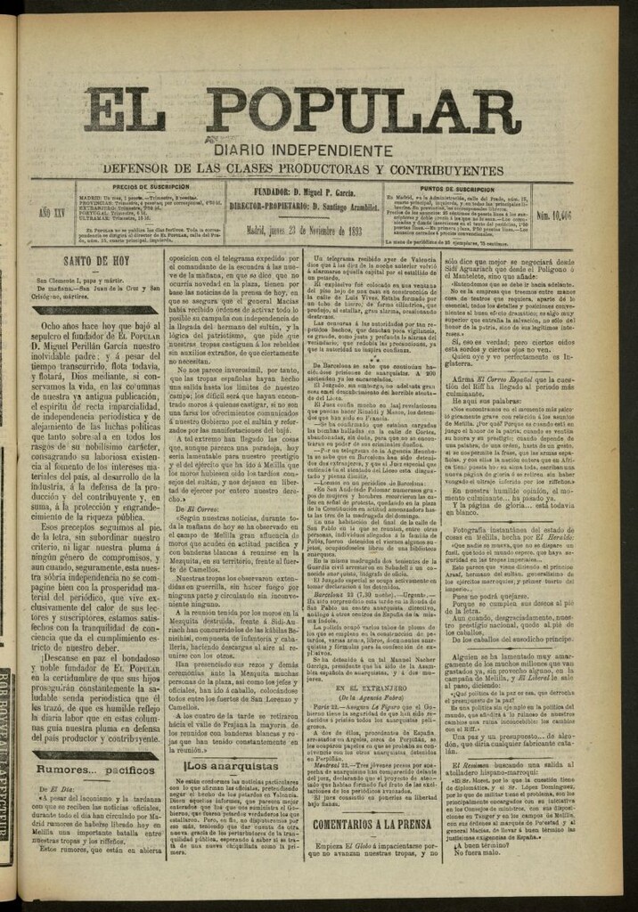 Miniatura de El Popular: diario independiente, político, literario y de noticias de interés general del 23 de noviembre de 1893, nº 10606