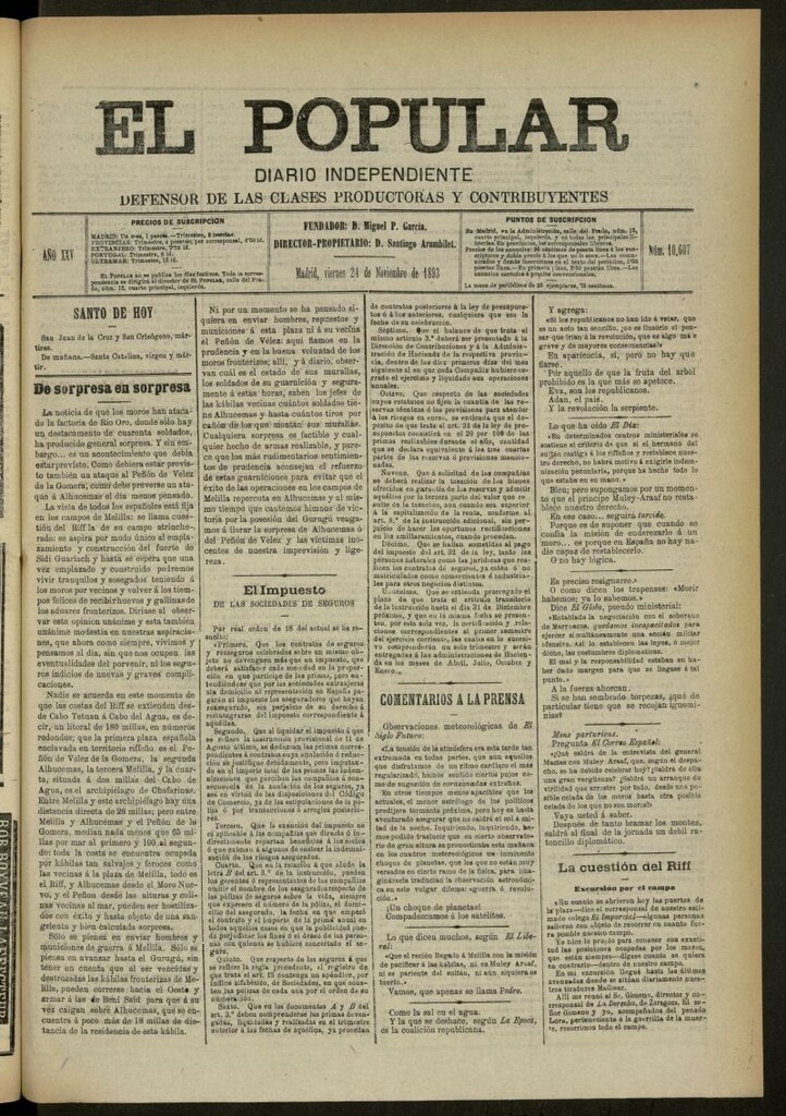 Miniatura de El Popular: diario independiente, político, literario y de noticias de interés general del 24 de noviembre de 1893, nº 10607