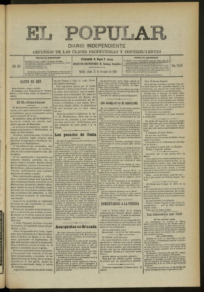 Miniatura de El Popular: diario independiente, político, literario y de noticias de interés general del 25 de noviembre de 1893, nº 10608