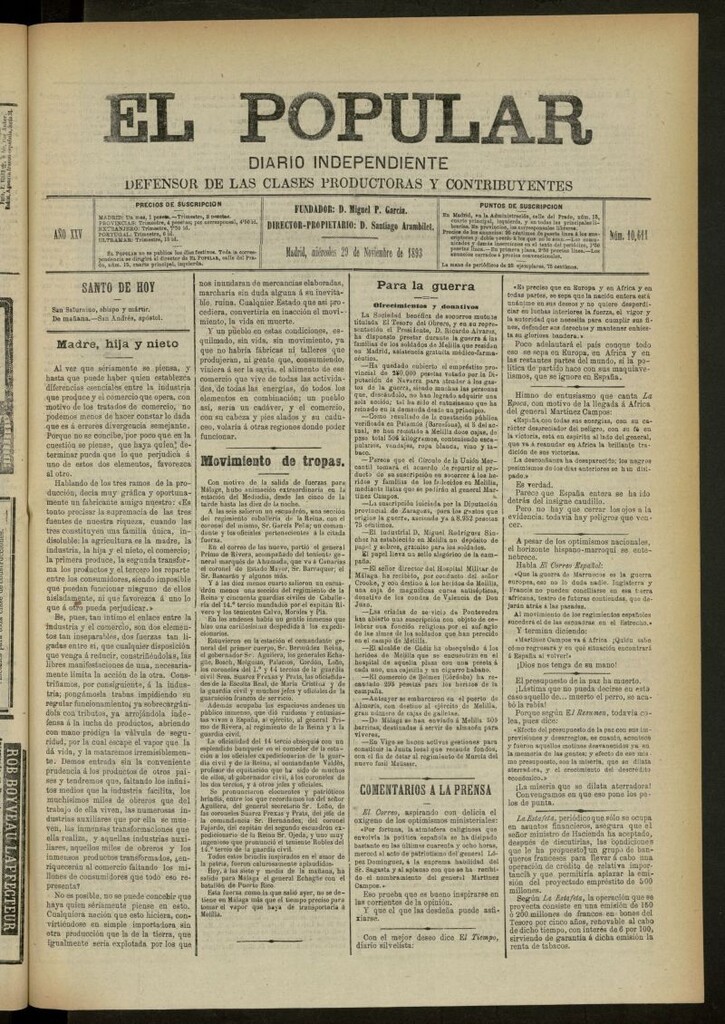 Miniatura de El Popular: diario independiente, político, literario y de noticias de interés general del 29 de noviembre de 1893, nº 10611