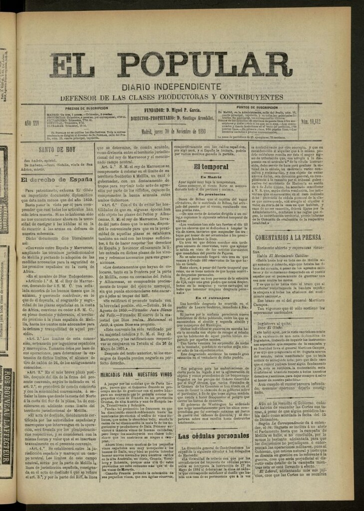 Miniatura de El Popular: diario independiente, político, literario y de noticias de interés general del 30 de noviembre de 1893, nº 10612