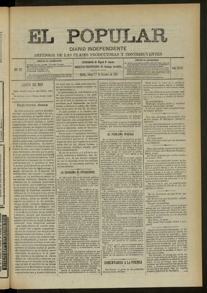 Miniatura de El Popular: diario independiente, político, literario y de noticias de interés general del 1 de diciembre de 1893, nº 10613