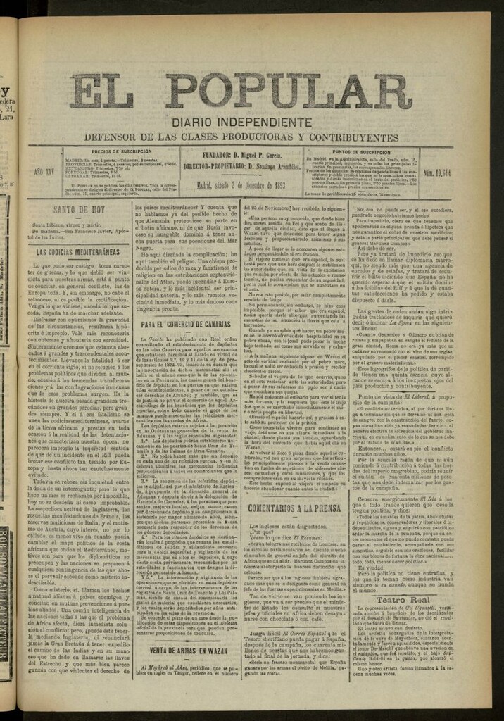 Miniatura de El Popular: diario independiente, político, literario y de noticias de interés general del 2 de diciembre de 1893, nº 10614