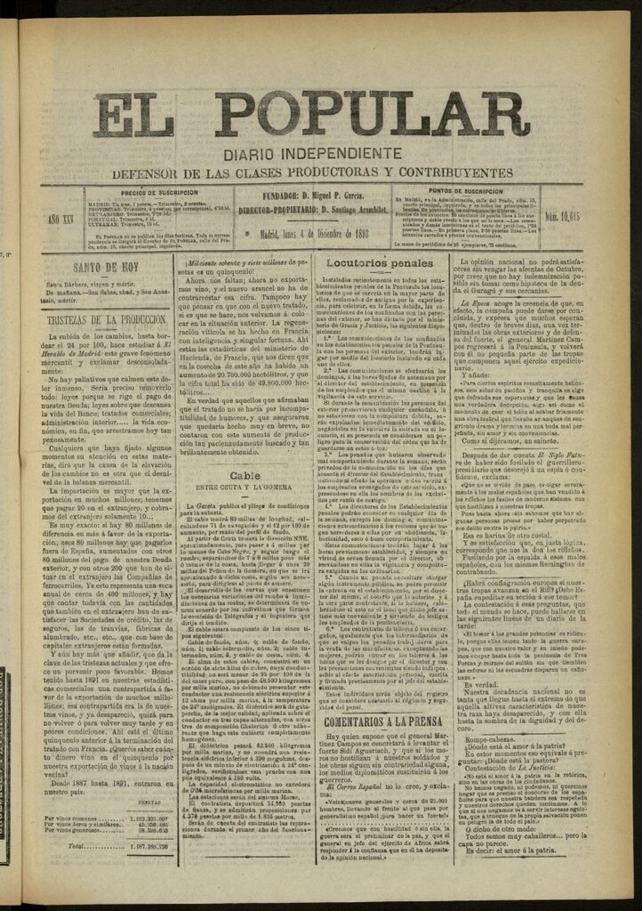Miniatura de El Popular: diario independiente, político, literario y de noticias de interés general del 4 de diciembre de 1893, nº 10615