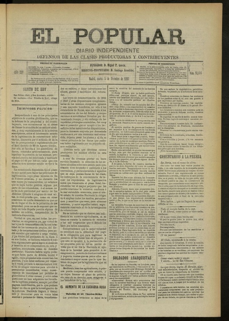 Miniatura de El Popular: diario independiente, político, literario y de noticias de interés general del 5 de diciembre de 1893, nº 10616