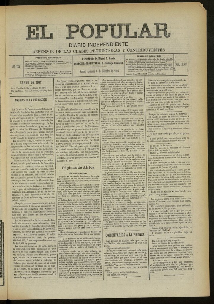Miniatura de El Popular: diario independiente, político, literario y de noticias de interés general del 6 de diciembre de 1893, nº 10617