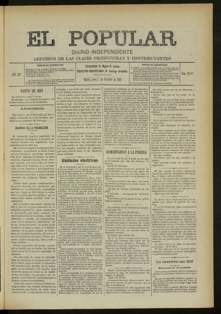 Miniatura de El Popular: diario independiente, político, literario y de noticias de interés general del 7 de diciembre de 1893, nº 10618