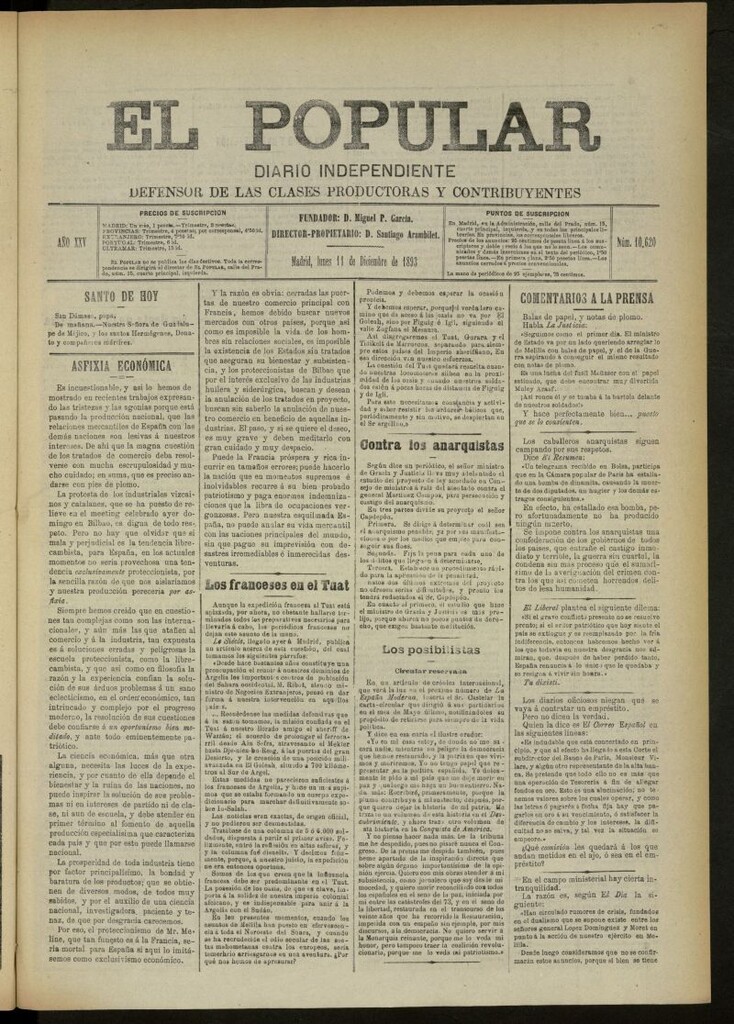 Miniatura de El Popular: diario independiente, político, literario y de noticias de interés general del 11 de diciembre de 1893, nº 10620