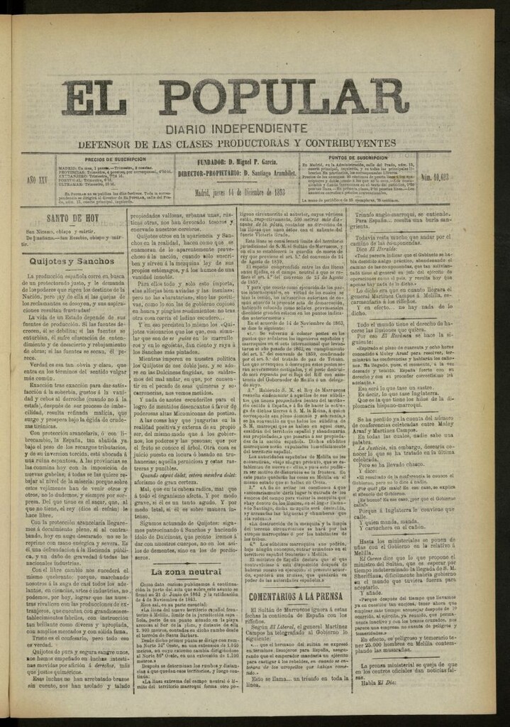 Miniatura de El Popular: diario independiente, político, literario y de noticias de interés general del 14 de diciembre de 1893, nº 10623