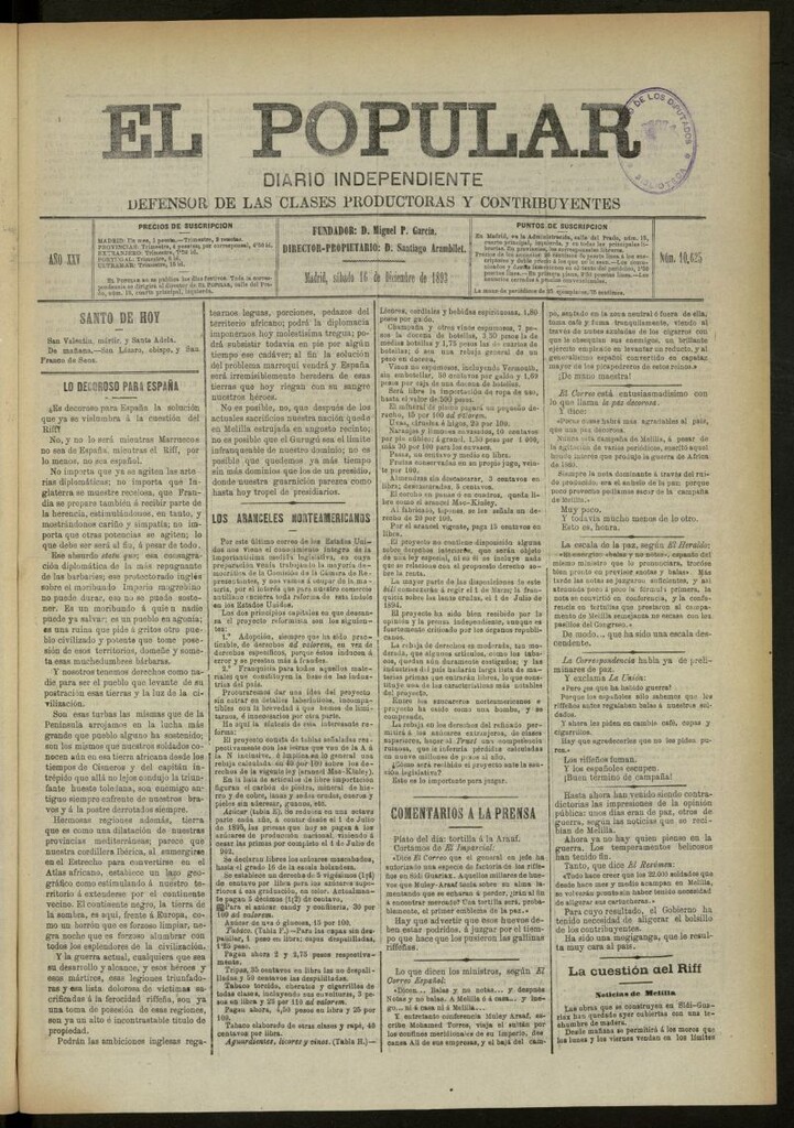 Miniatura de El Popular: diario independiente, político, literario y de noticias de interés general del 16 de diciembre de 1893, nº 10625