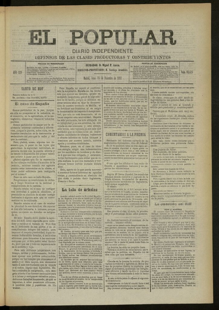 Miniatura de El Popular: diario independiente, político, literario y de noticias de interés general del 18 de diciembre de 1893, nº 10626